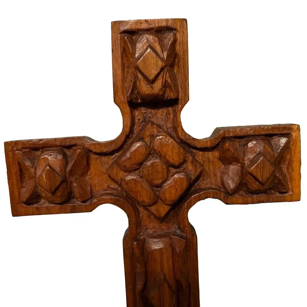 VTG Wood table top cross 75 hand-carved 12 in signed dated folk art chip-carving